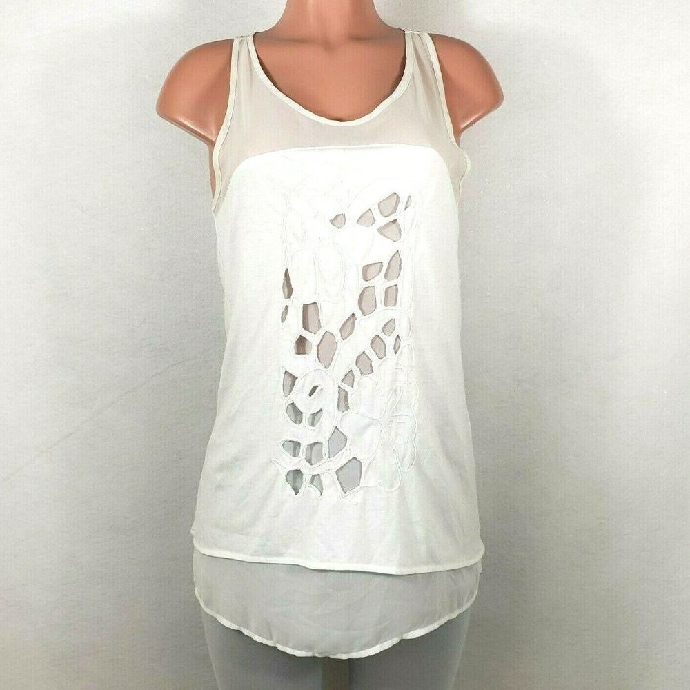 Robbi & Nikki White Tunic Top Embroidered Cut Out Front Lined